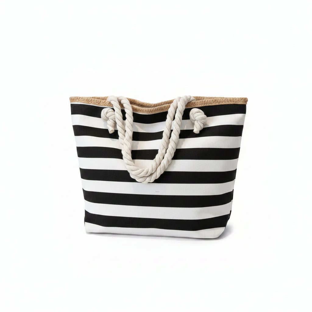 Tote Bag Femme Rayé Canvas — Sac Plage Grande Capacité Noir et Blanc