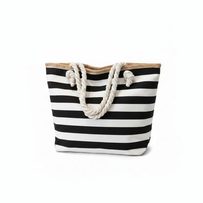 Tote Bag Femme Rayé Canvas — Sac Plage Grande Capacité Noir et Blanc