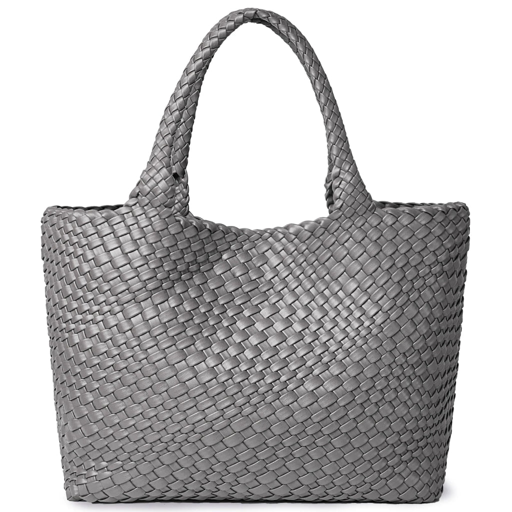 Tote Bag Femme Tressé Cuir Vegan Gris Clair