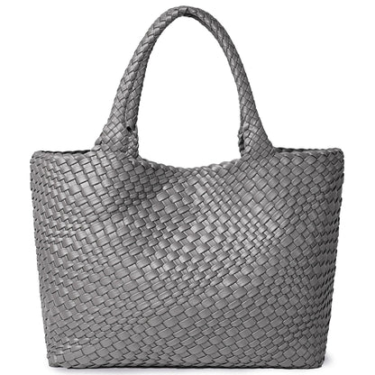 Tote Bag Femme Tressé Cuir Vegan Gris Clair