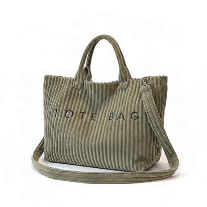 Tote Bag Femme Velours Côtelé Grande Capacité Bandoulière Kaki