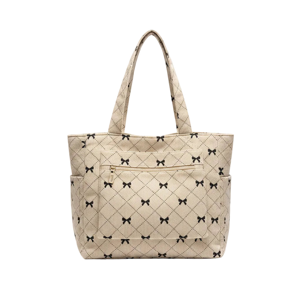 Tote Bag Femme Velours Côtelé Nœuds Cabas Matelassé Beige