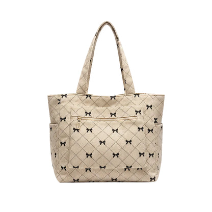Tote Bag Femme Velours Côtelé Nœuds Cabas Matelassé Beige
