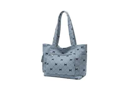 Tote Bag Femme Velours Côtelé Nœuds Cabas Matelassé Bleu.