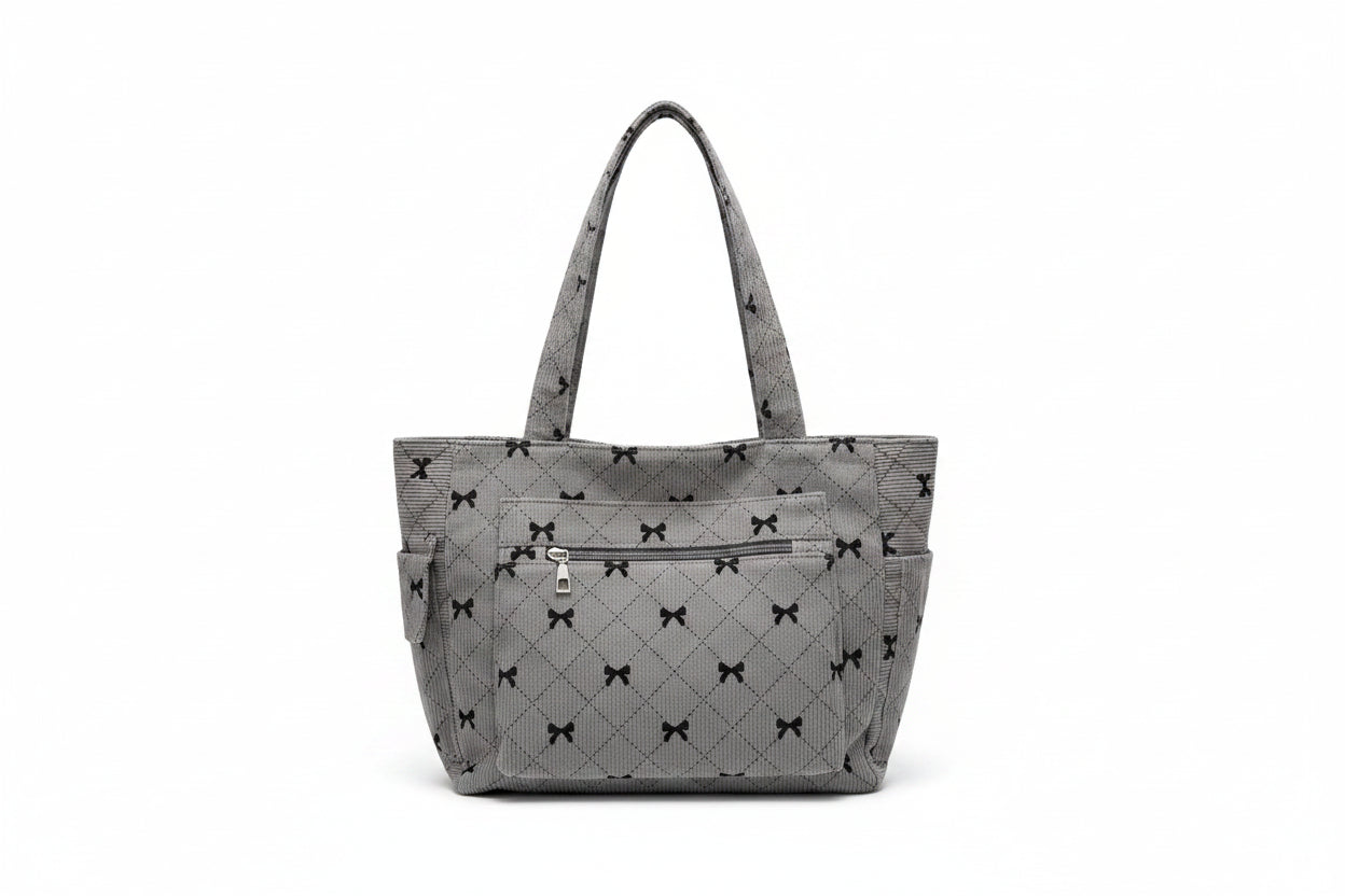 Tote Bag Femme Velours Côtelé Nœuds Cabas Matelassé Gris.