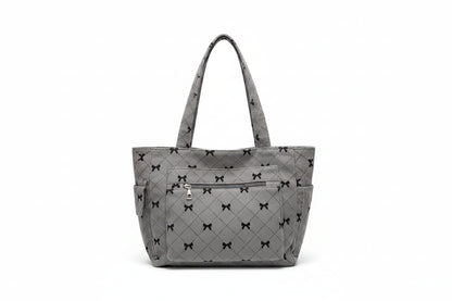 Tote Bag Femme Velours Côtelé Nœuds Cabas Matelassé Gris.