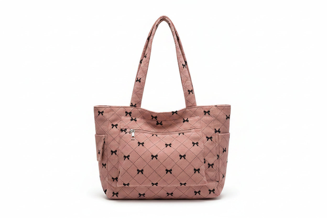 Tote Bag Femme Velours Côtelé Nœuds Cabas Matelassé Rose.