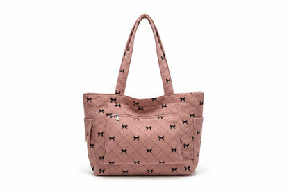 Tote Bag Femme Velours Côtelé Nœuds Cabas Matelassé Rose.