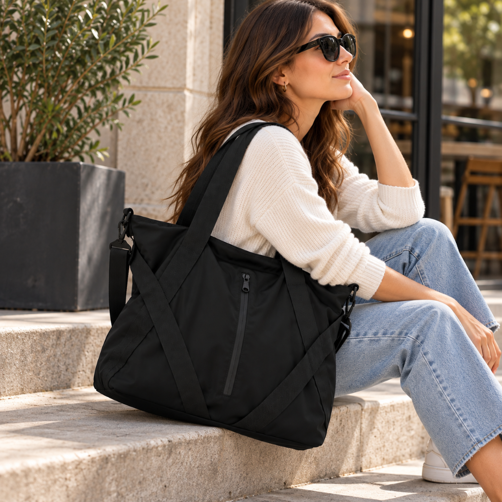 Tote Bag Femme et Homme en Nylon, Grande Capacité, Zippé avec Bandoulière 2