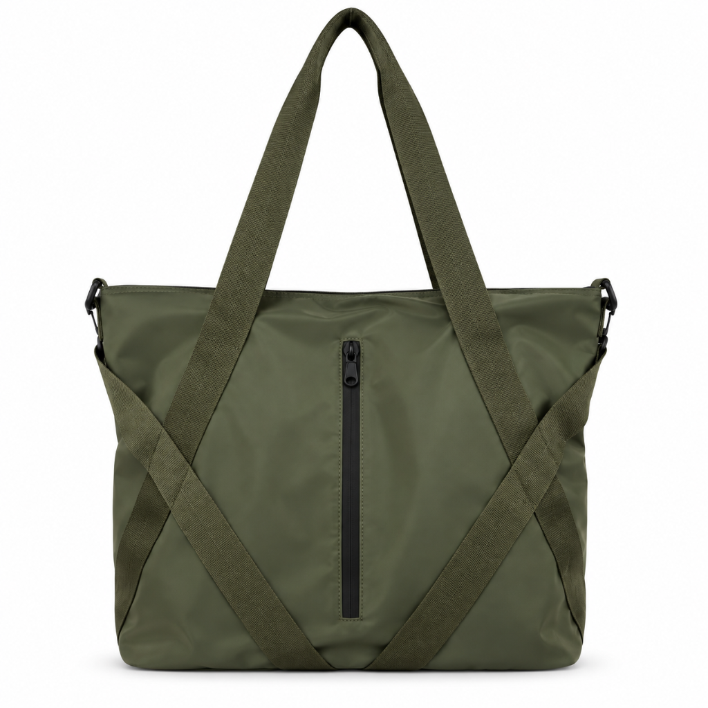 Tote Bag Femme et Homme en Nylon, Grande Capacité, Zippé avec Bandoulière Kaki