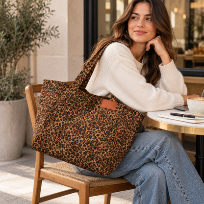 Tote Bag Léopard Femme, Toile Vintage Grande Capacité 2