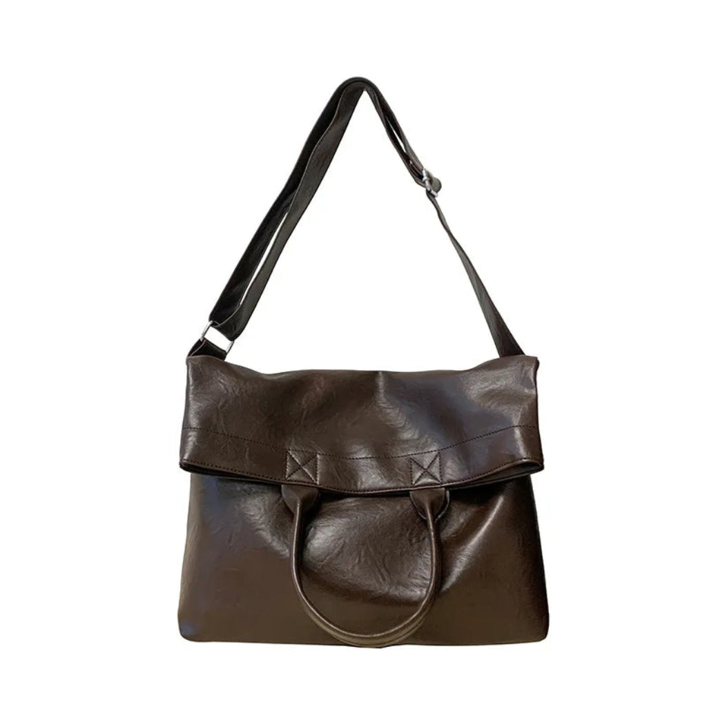 Totebag Homme à Rabat Simili Cuir avec Bandoulière, Grande Capacité Marron Foncé