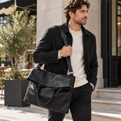 Totebag Homme à Rabat Simili Cuir avec Bandoulière, Grande Capacité Noir 1