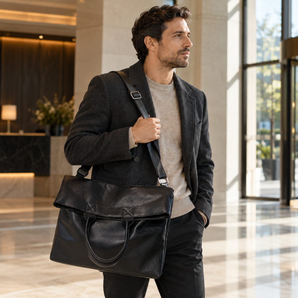 Totebag Homme à Rabat Simili Cuir avec Bandoulière, Grande Capacité Noir 2