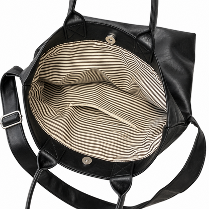 Totebag Homme à Rabat Simili Cuir avec Bandoulière, Grande Capacité Noir ouvert