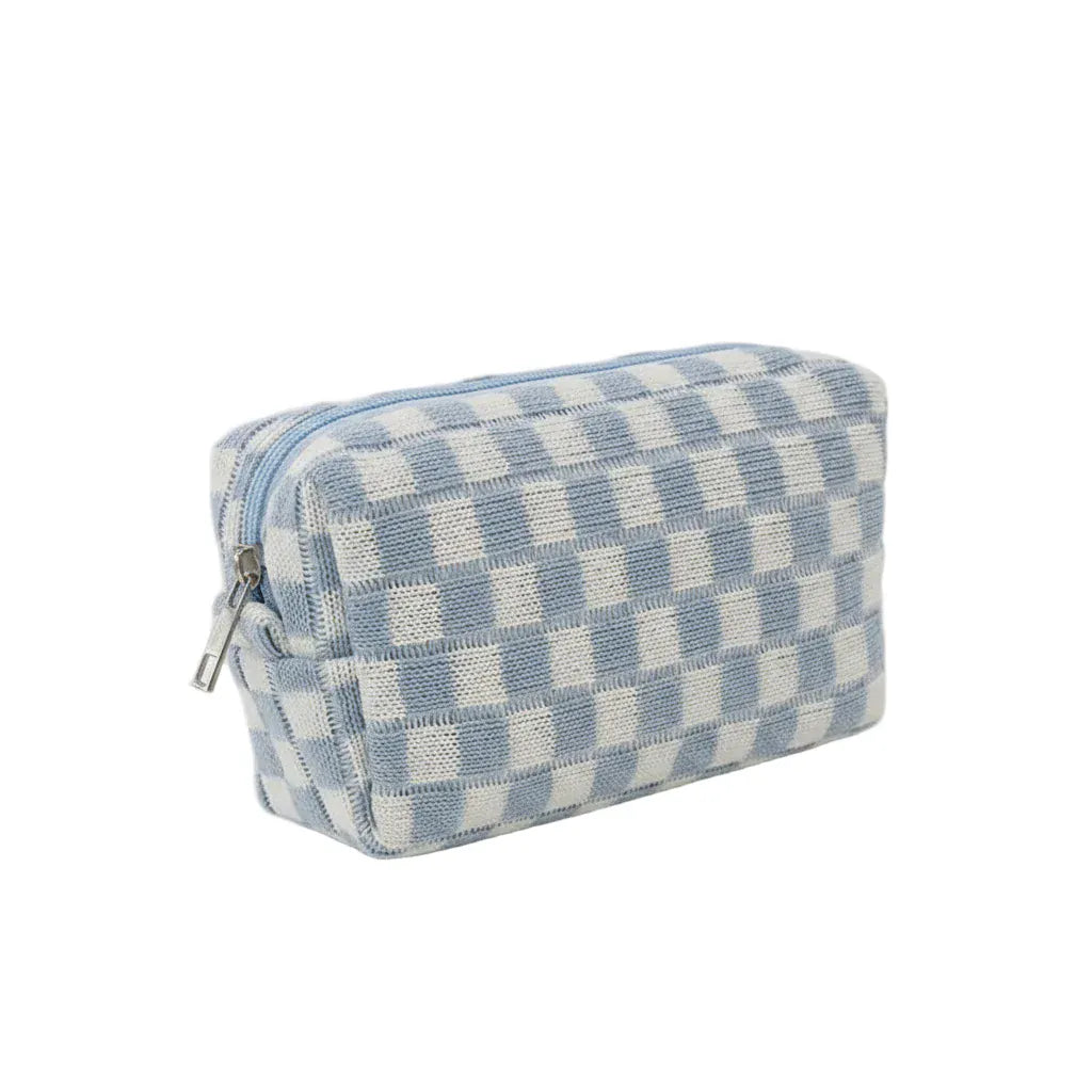 Trousse de Toilette Femme à Carreaux Vichy Bleu – Pochette de Voyage en Coton Doux et Élégant