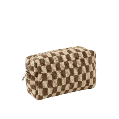 Trousse de Toilette Femme à Carreaux Vichy Marron – Pochette de Voyage en Coton Doux et Élégant