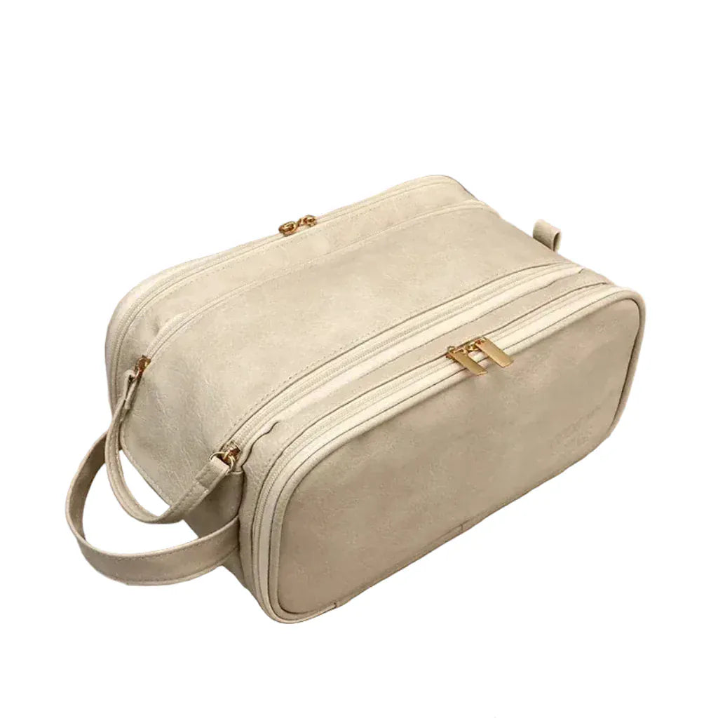 Trousse de Toilette Femme Double Compartiment en Cuir Beige – Grande Capacité Voyage.