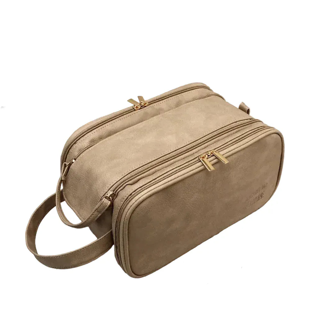 Trousse de Toilette Femme Double Compartiment en Cuir Camel – Grande Capacité Voyage