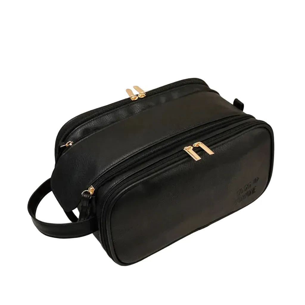 Trousse de Toilette Femme Double Compartiment en Cuir Noir – Grande Capacité Voyage
