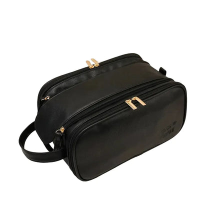Trousse de Toilette Femme Double Compartiment en Cuir Noir – Grande Capacité Voyage