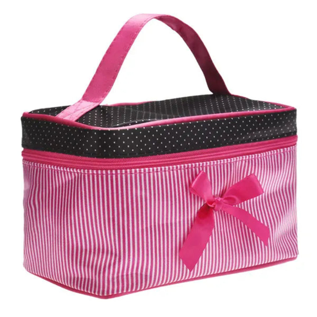 Trousse de Toilette Femme Rayée avec Nœud Rose – Vanity Voyage Grande Capacité