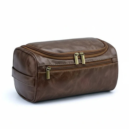 Trousse de Toilette Homme Cuir PU Marron Foncé – Double Compartiment Vintage Élégant 