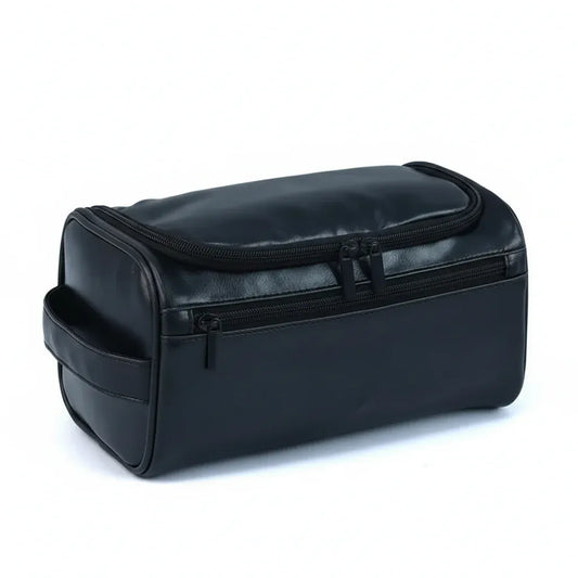 Trousse de Toilette Homme Cuir PU Noir – Double Compartiment Vintage Élégant