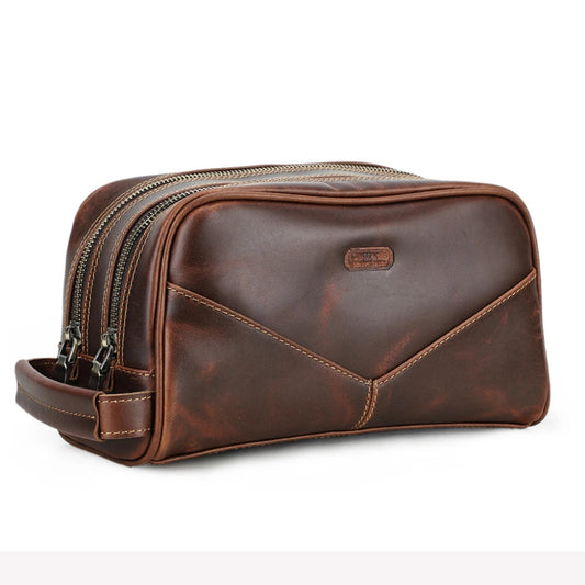 Trousse de Toilette Homme Vintage en Cuir Crazy Horse Marron Clair – Double Compartiment 