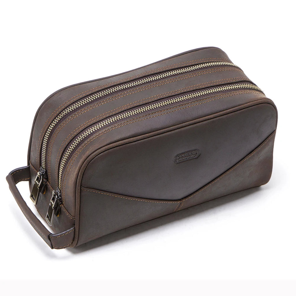 Trousse de Toilette Homme Vintage en Cuir Crazy Horse Marron Foncé – Double Compartiment 