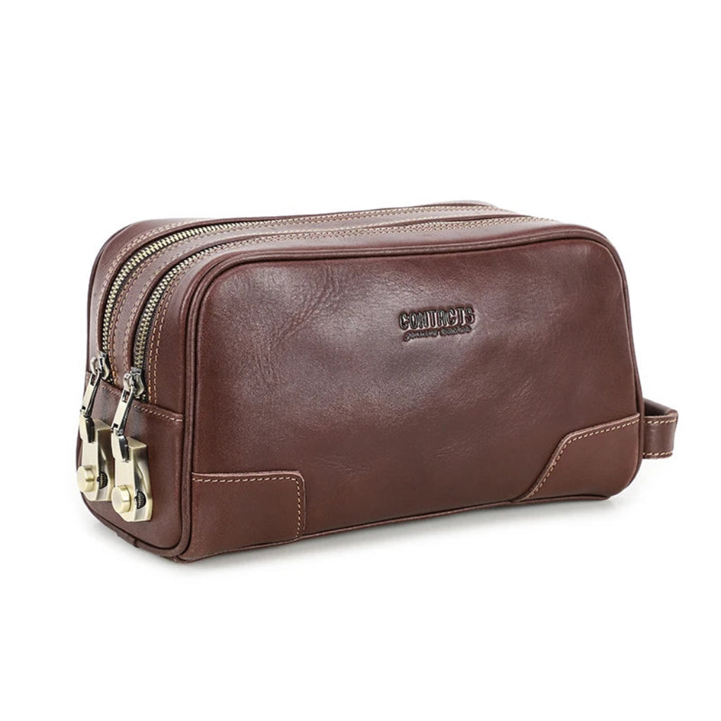 Trousse de Toilette Homme en Cuir Véritable Marron – Double Compartiment, Grande Capacité, Idéale pour la Maison et le Voyage 