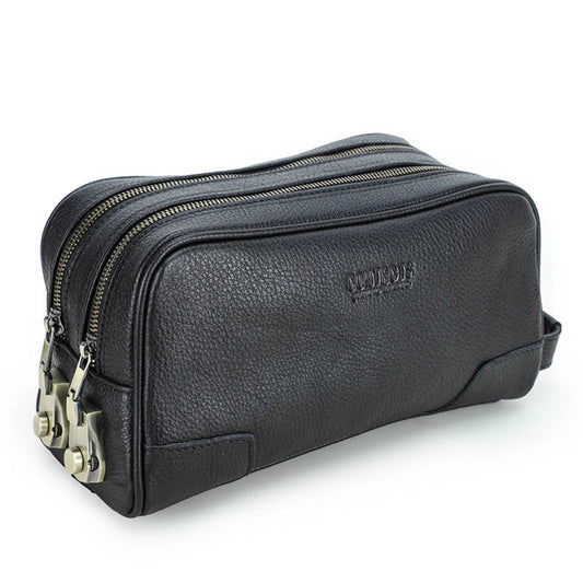 Trousse de Toilette Homme en Cuir Véritable Noir – Double Compartiment, Grande Capacité, Idéale pour la Maison et le Voyage 