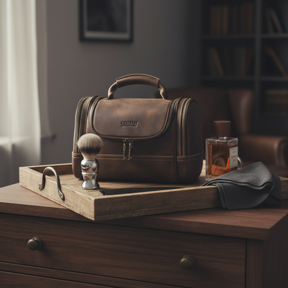 Trousse de Toilette Homme en Cuir Véritable – Voyage, Rasage et Cosmétique, Grande Capacité, Style Rétro

