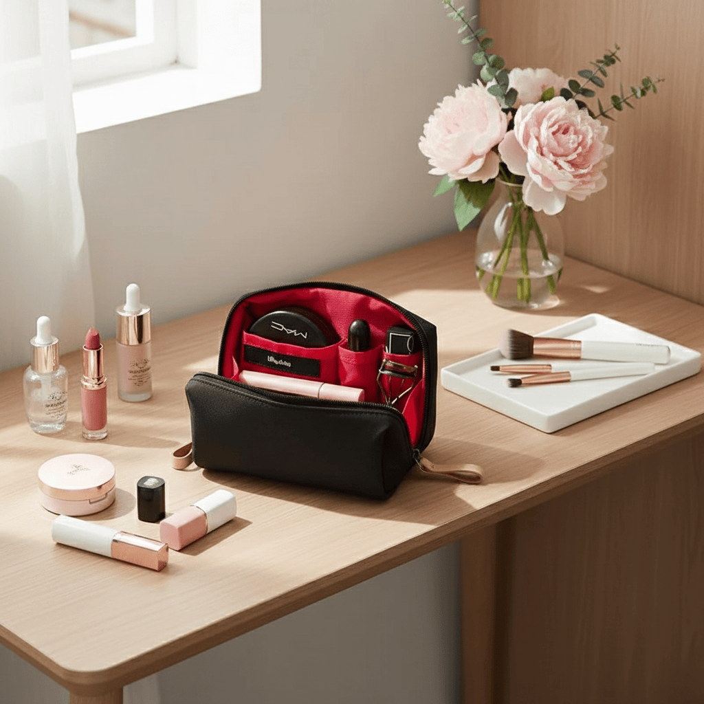 Trousse de toilette femme coréenne rouge noir – Étanche et élégante pour maquillage et accessoires bureau