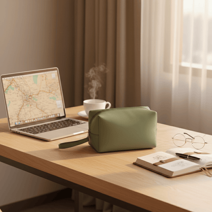 Trousse de toilette femme coréenne vert – Étanche et élégante pour maquillage et accessoires bureau.