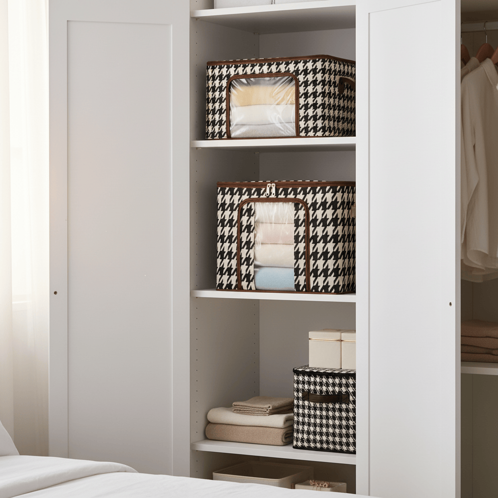 Boîte beige pied-de-poule sur étagère