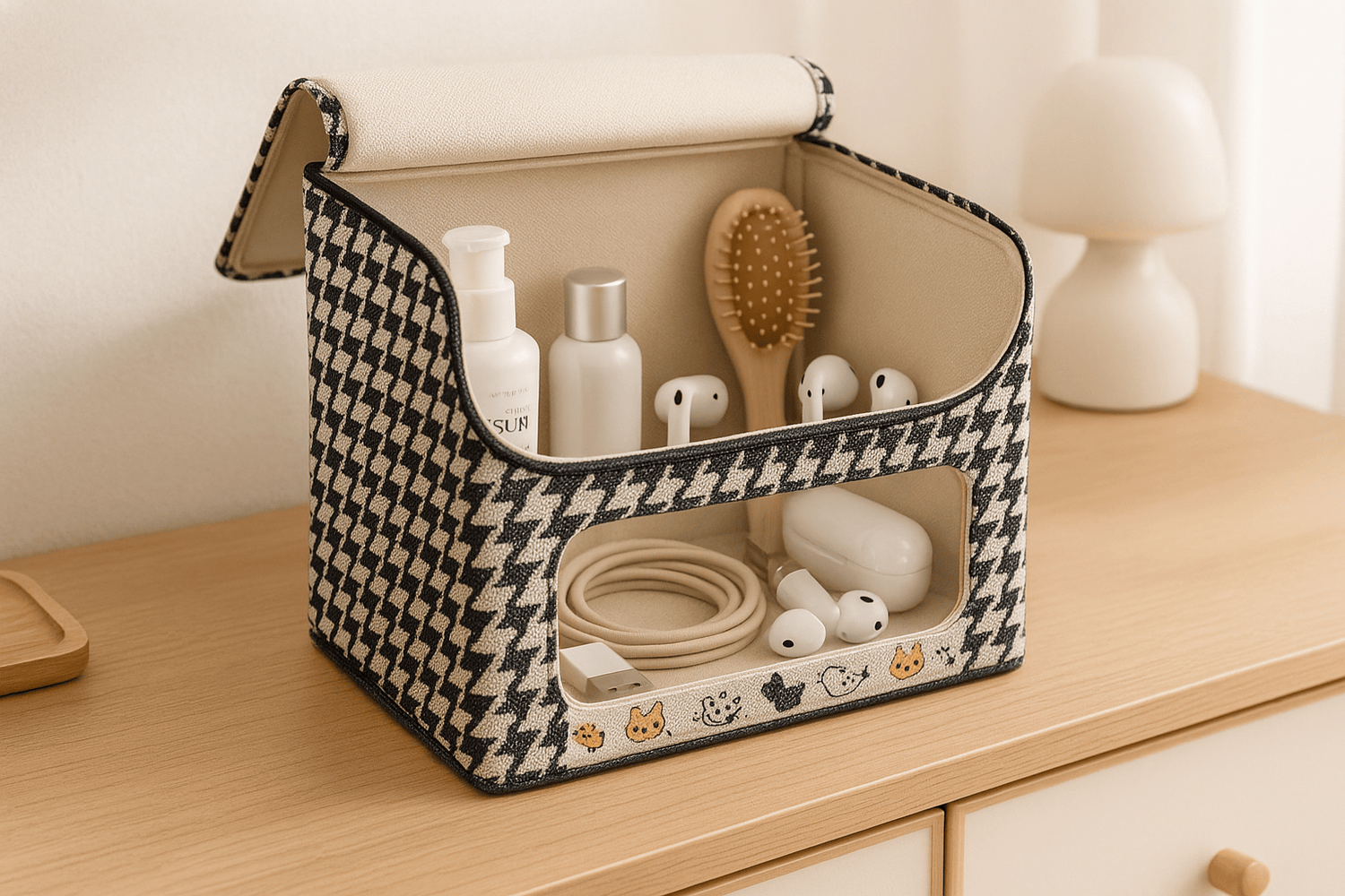 Boîte de rangement pliable ouverte avec motifs organisée