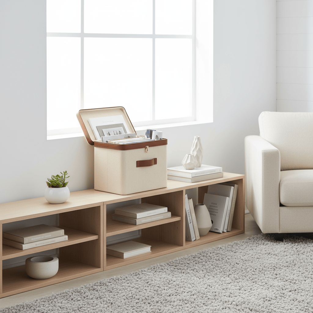 Boîte moyenne coton-lin sur bibliothèque