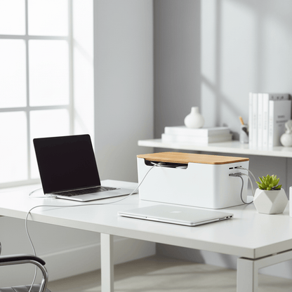 Boîte rangement câbles blanche avec couvercle bambou