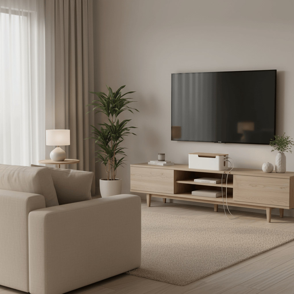 Boîte rangement câbles blanche avec passages câbles