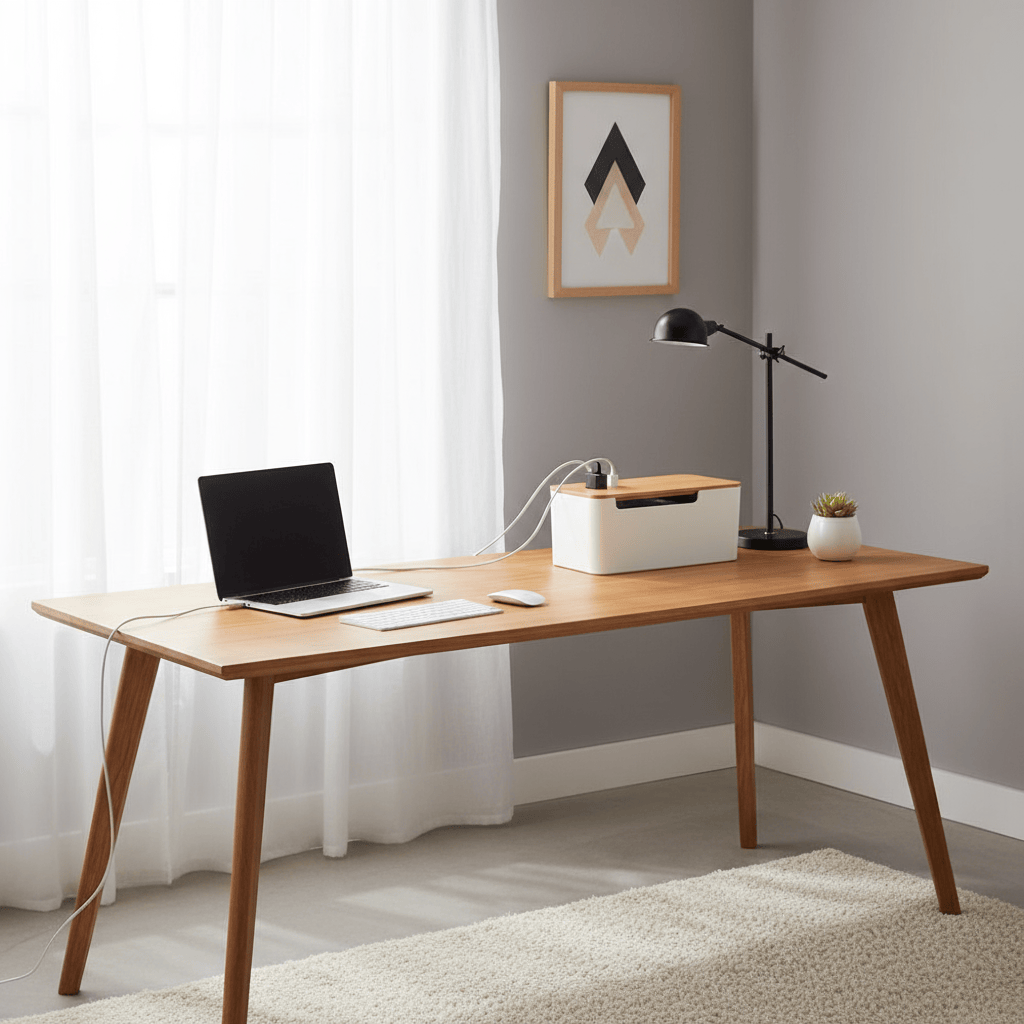 Boîte rangement câbles blanche sur bureau