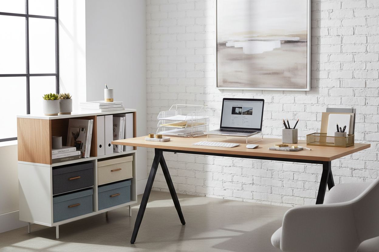 Bureau moderne organisé avec rangements design
