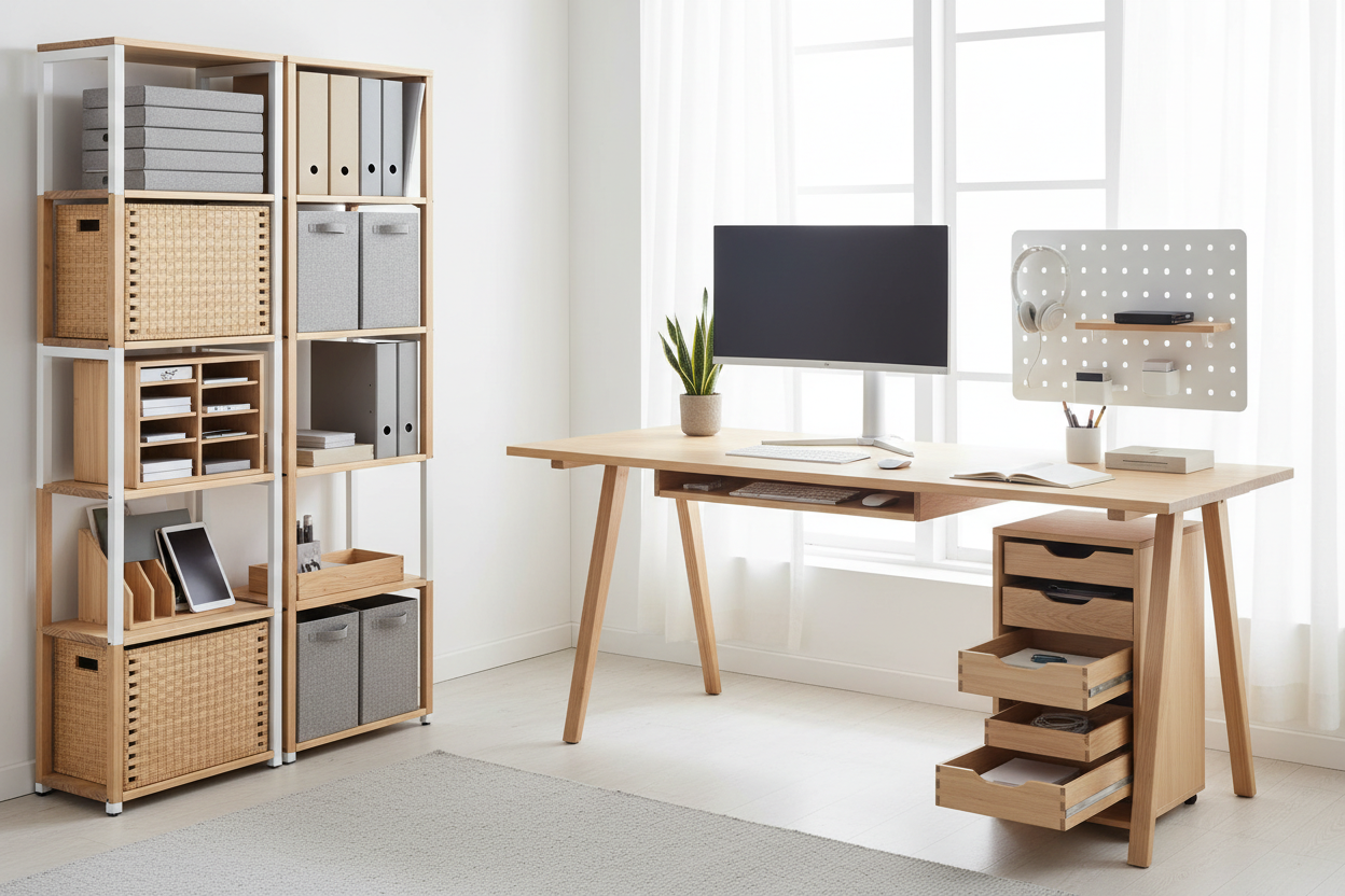 Bureau organisé avec rangements verticaux