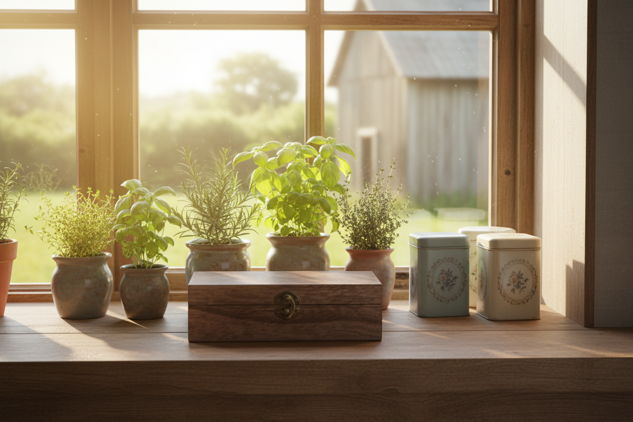 Coffre bois rebord fenêtre