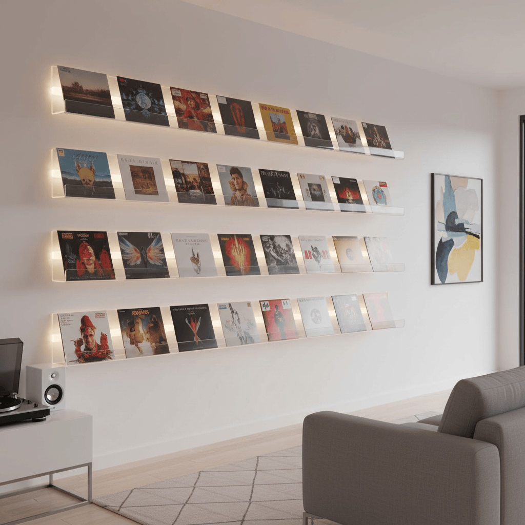 Collection vinyle sur étagères acrylique élancées