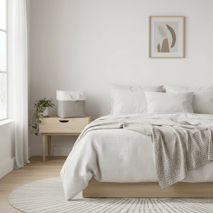 Cube gris et crème sur table de chevet