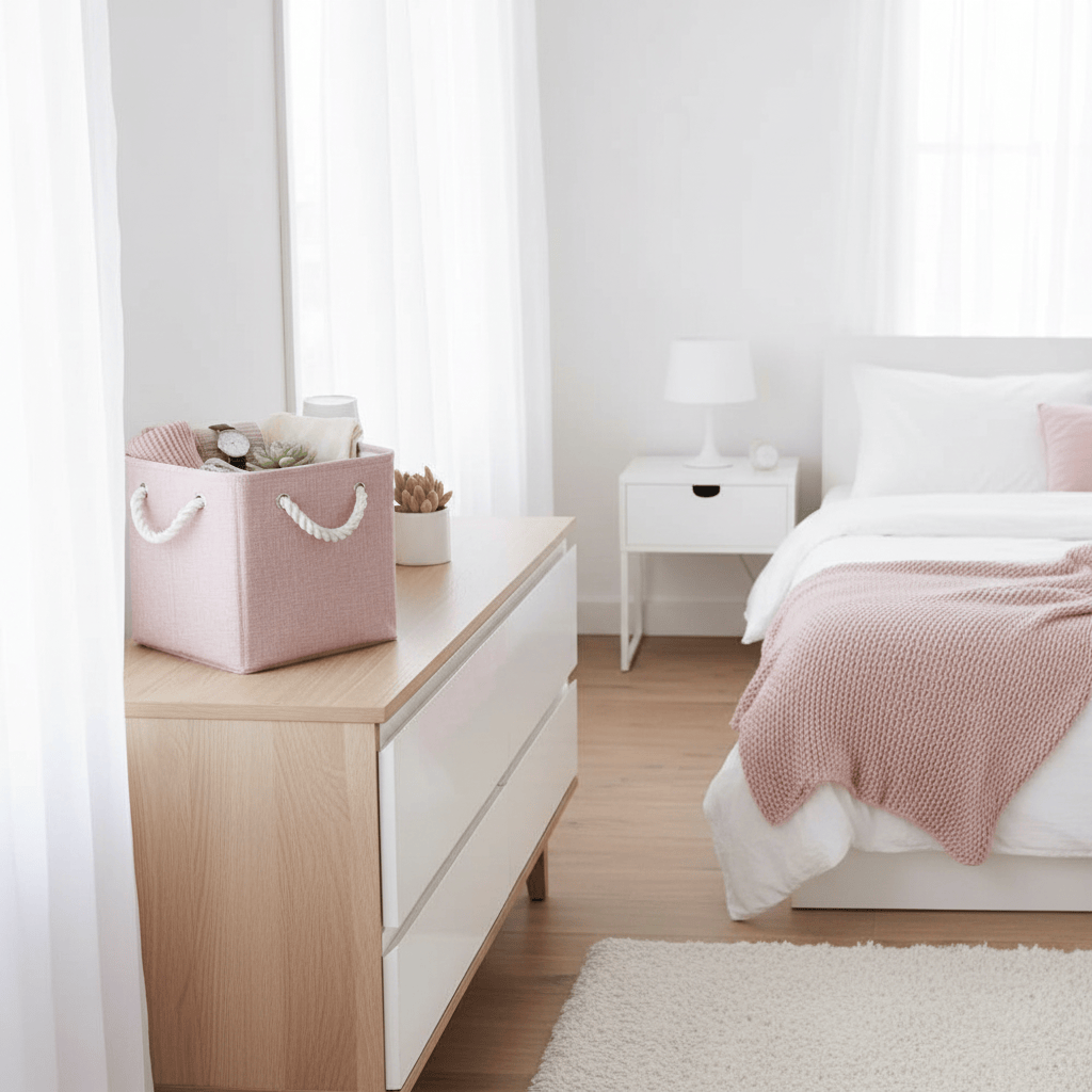 Cube rose poudré sur commode