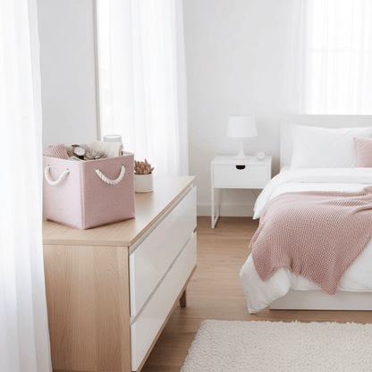 Cube rose poudré sur commode