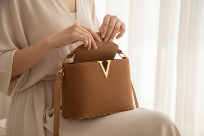 Détail mains ouvrant sac camel