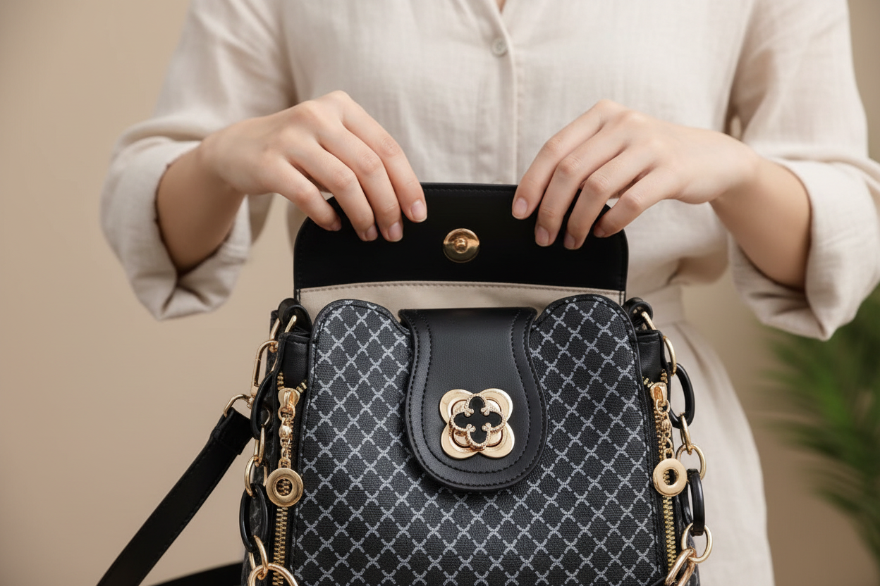 Détail mains ouvrant sac noir